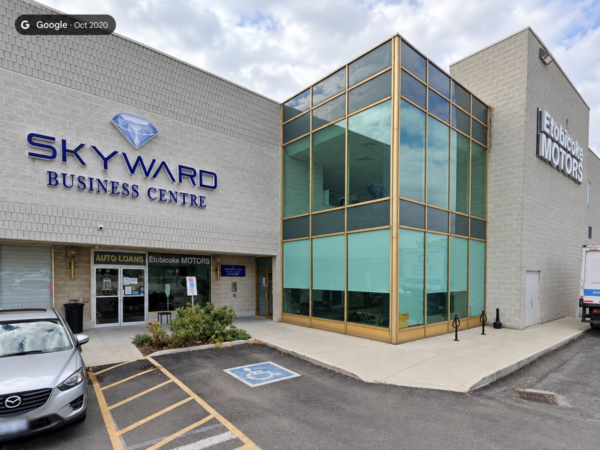 Edited October 2020 Google Street View reference of 2255 Dundas Street West, showing the Skyward Business Centre sign and glass corner