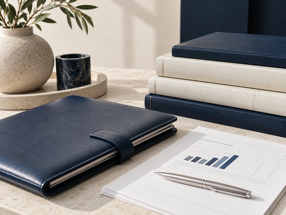 Illustrative accounting still life with navy folio, ledgers and a financial report
